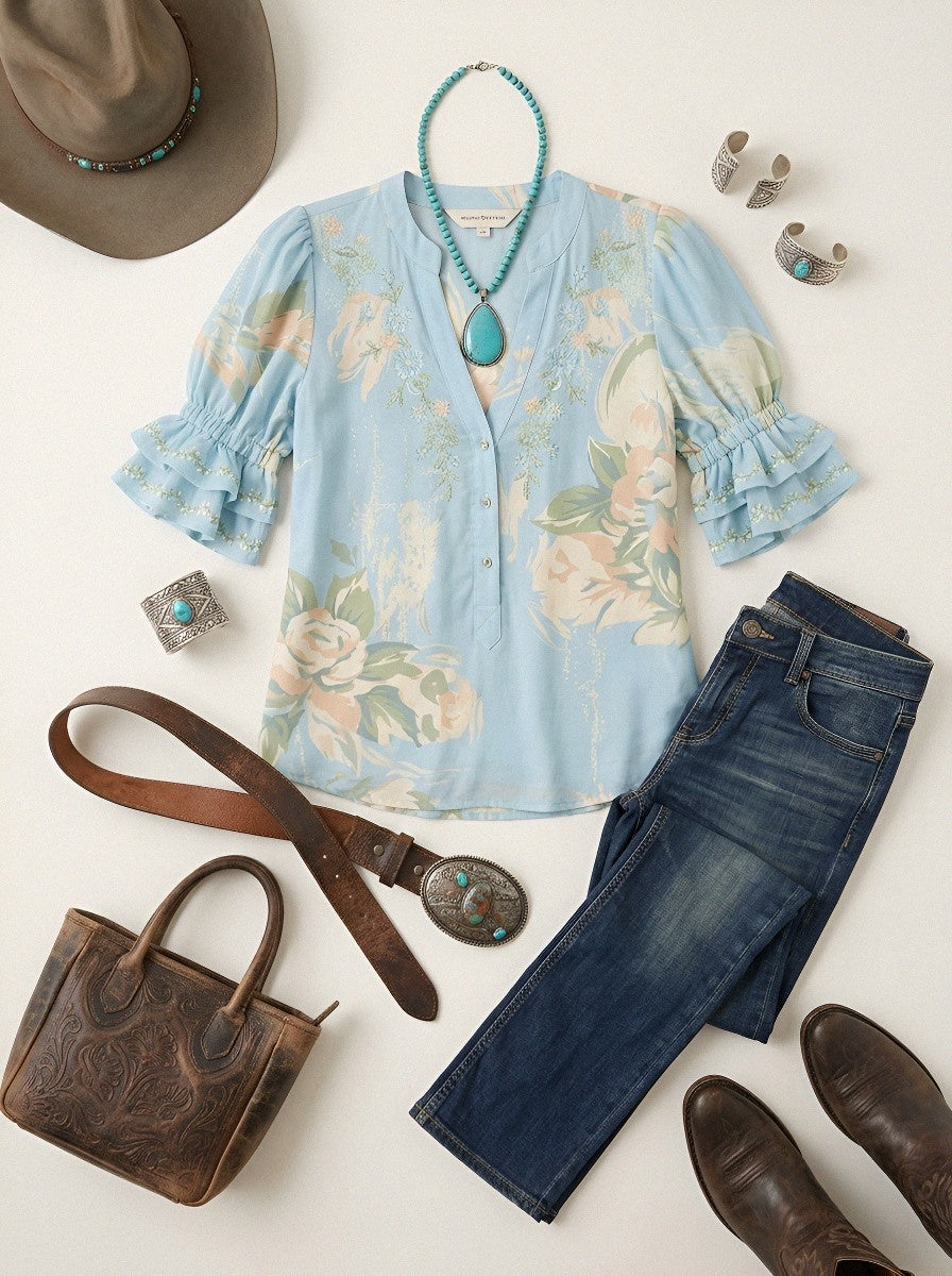 Women's Western Vintage Floral Embroidered Printed Blouse