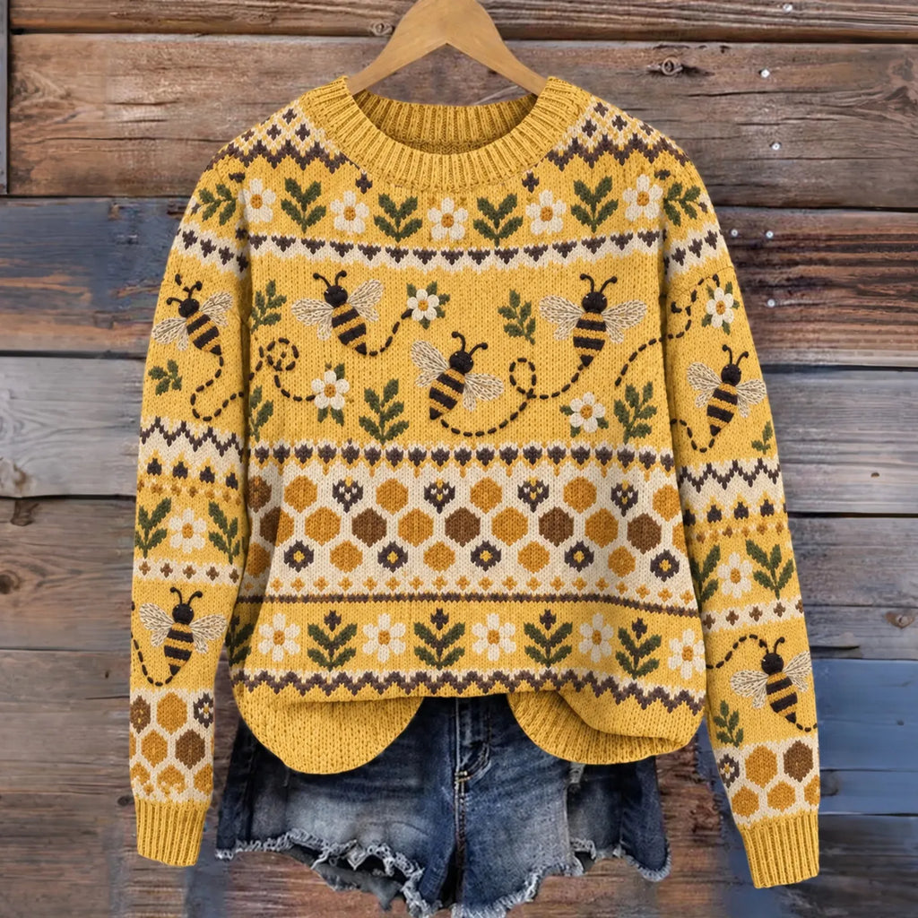Women's Retro Fly Bee Floral Pattern Cozy Fair Isle Style Knit Sweater