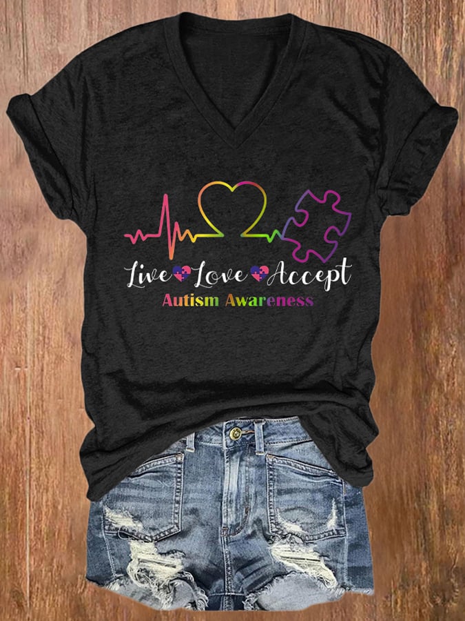 V-neck Retro Autism Awareness Live Love Accept Print T-Shirt