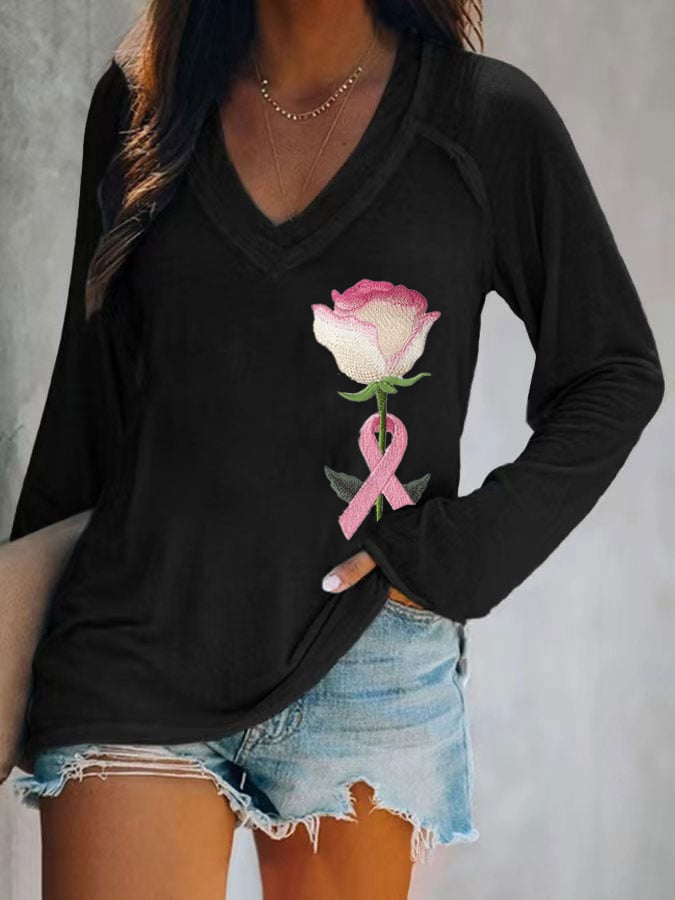 Women's Pink Breast Cancer Floral Print T-Shirt
