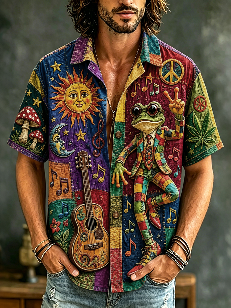 Men's Boho Frog Music Patchwork Psychedelic Peace & Sun Moon Art Print Casual Shirt