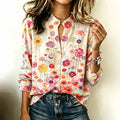 Women's Vintage Hippie Floral Art Print Flowy Linen Blend Casual Tops