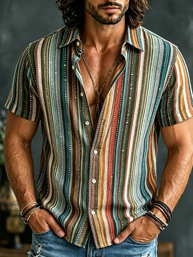 Men's Retro Striped Color Block Cotton Linen Shirt