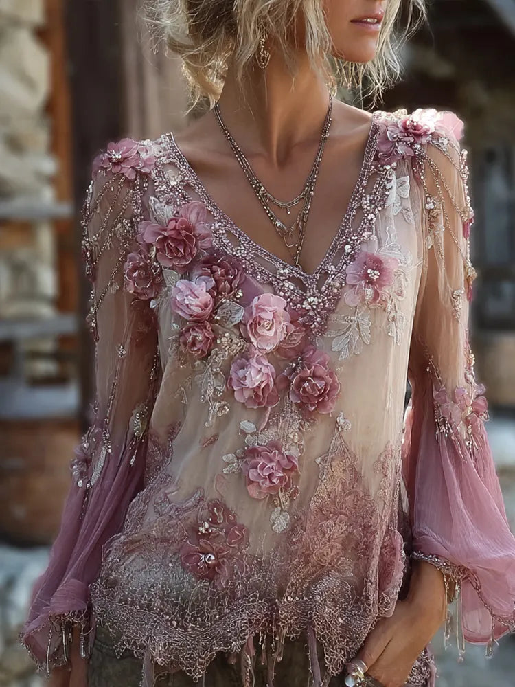 Women's Floral Embroidered Linen Blend Long Sleeve Top