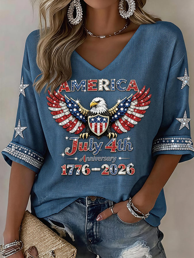 Women's American 250th Anniversary Three-Quarter Sleeve V-Neck Top