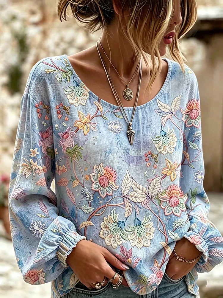 Women's Floral Art Print Flowy Linen Blend Linen Blend Long Sleeve Casual Tops