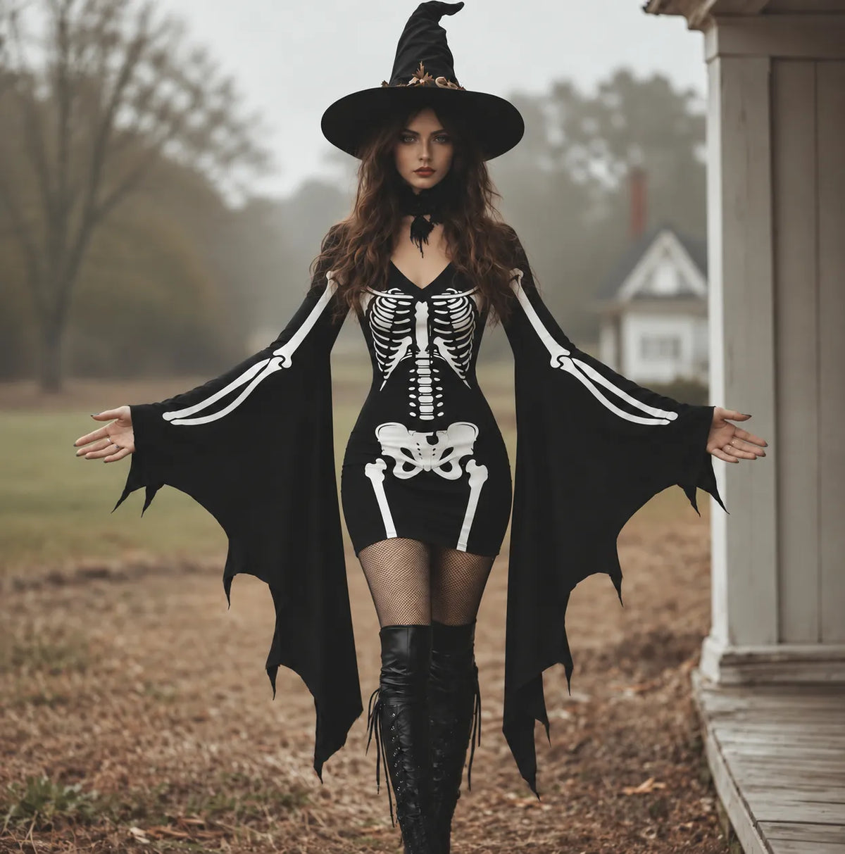 Women's Gothic Skeleton Batwing Flare Sleeve V Neck Bodycon Dress – Halloween Costume