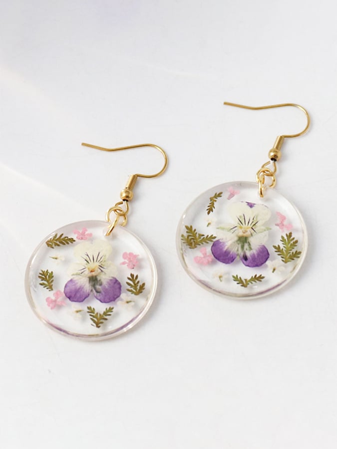 Purple Round Pansy Flower Design Earrings
