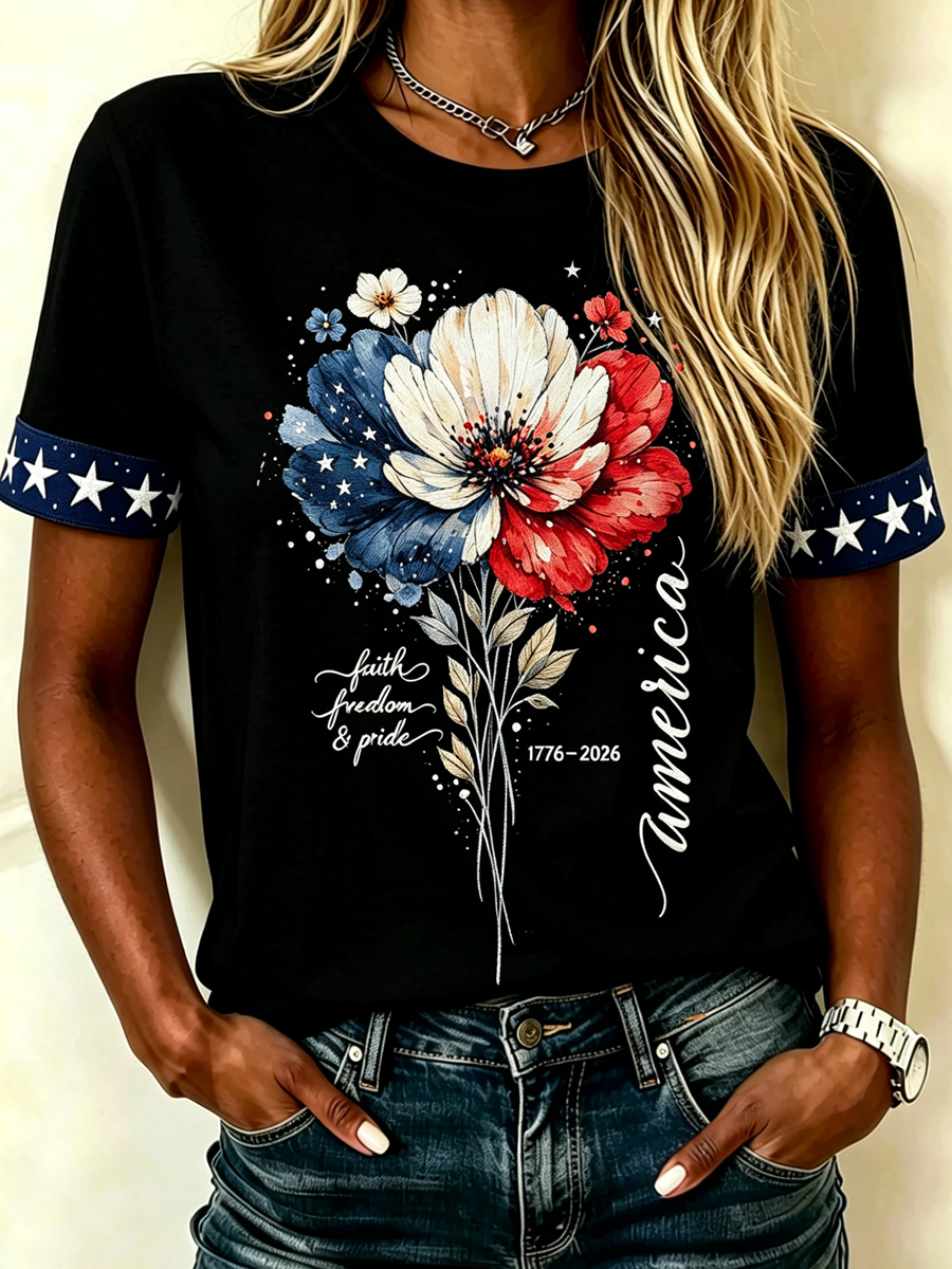 Women's America Floral Printed T-shirt