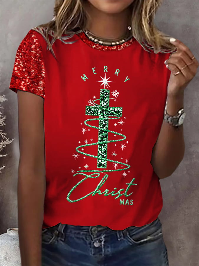 Women's Christmas Cross Print Round Neck T-Shirt