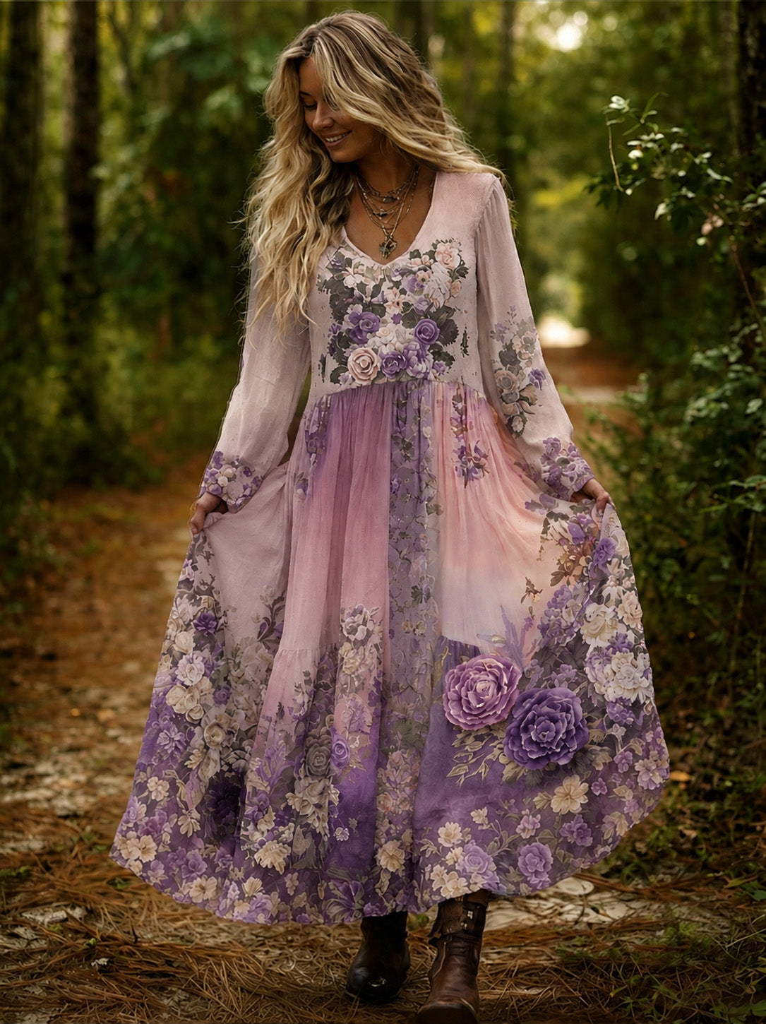 Vintage Classy Gradient Purple Lavender And Floral Embroidered Maxi Dress