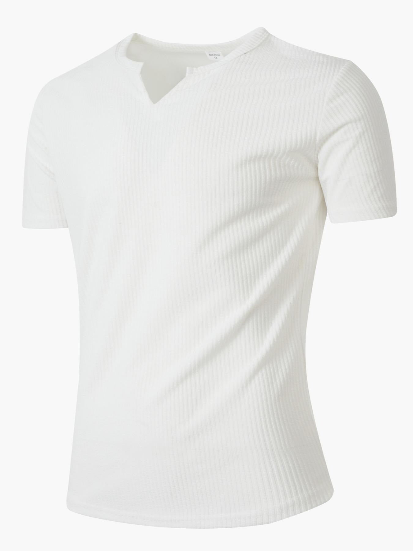 Men's Spring Summer Outfits Vertical Striped Textured V-Neck Short Sleeve T-Shirt for Daliy Wear, Gym Wear Solid Color Old Money Style