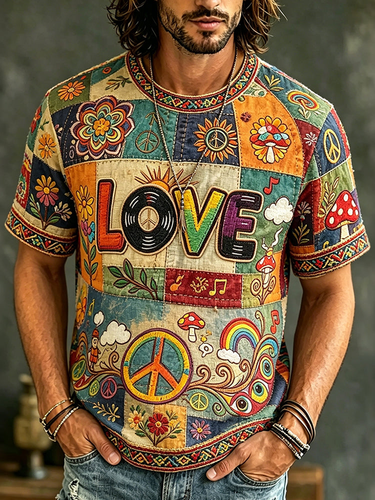 Men's Casual Color Block Love Music Retro Hippie Crew Neck T-shirt