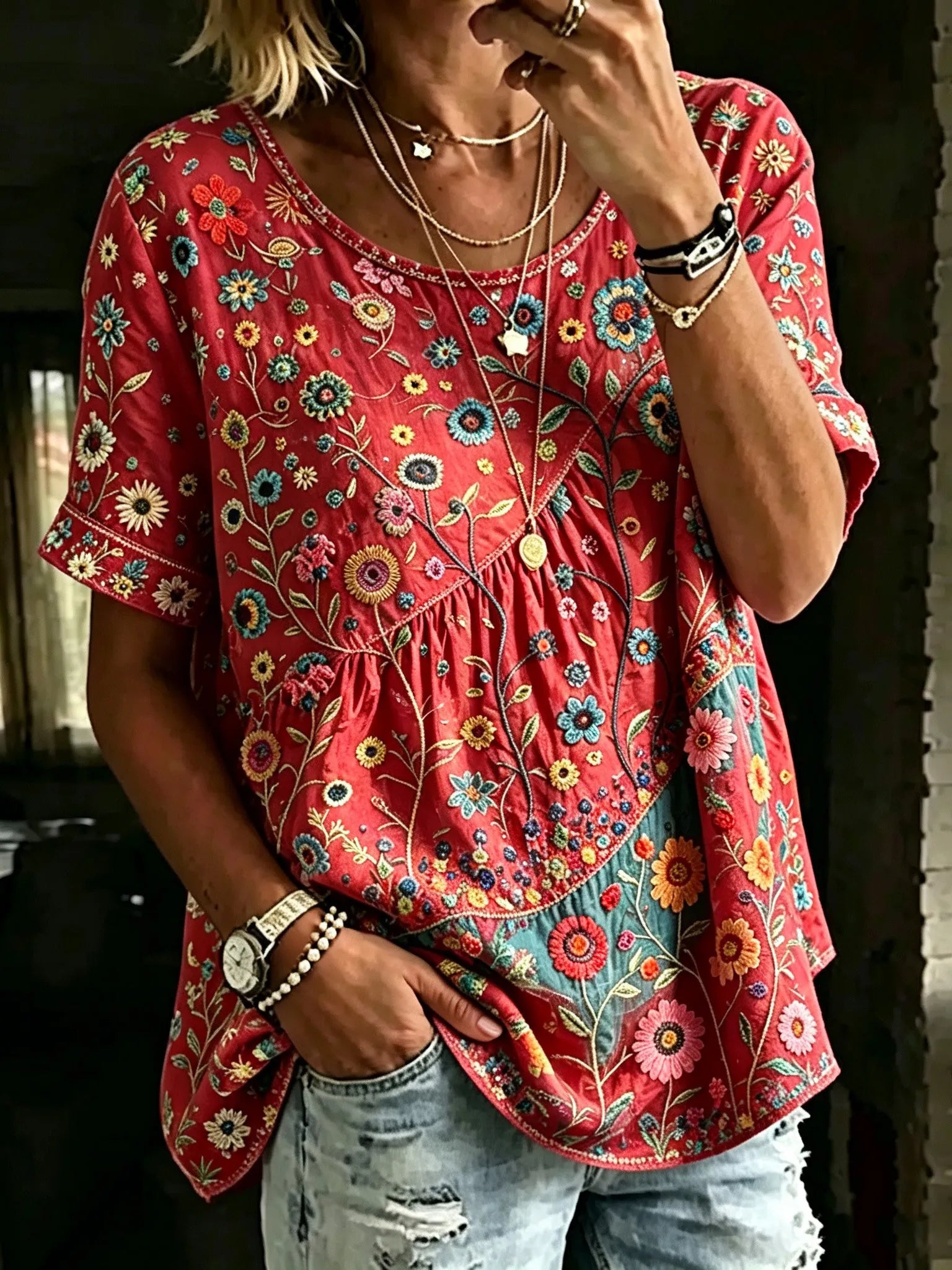 Women's Retro Bohemian Hippie Style Floral Embroidered Print Top