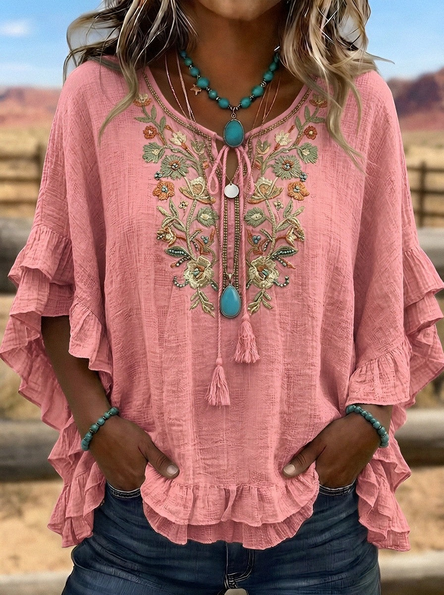 Women's Western Vintage Floral Embroidered Ruffle Printed Top