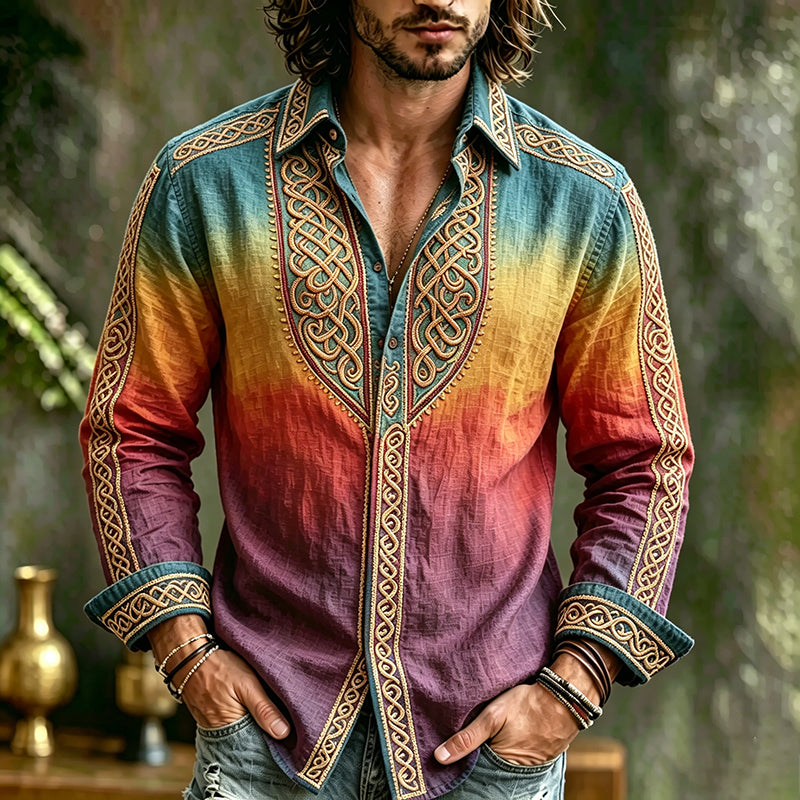 Men's Vintage Spring Summer Viking Tribal Jacquard Inspired Art Flowy Linen Blend Shirt