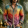 Men's Vintage Spring Summer Viking Tribal Jacquard Inspired Art Flowy Linen Blend Shirt