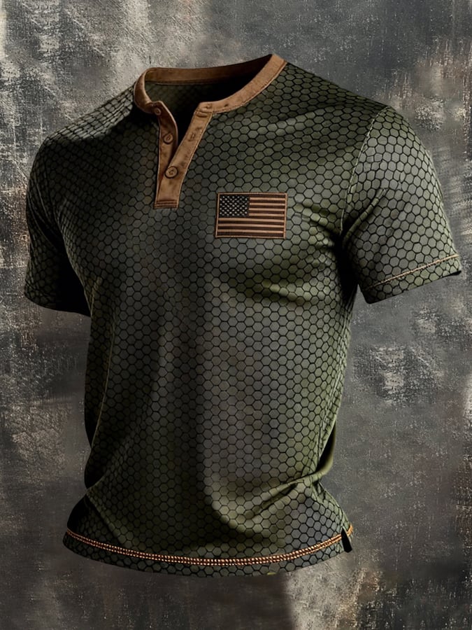Men's Retro Patriotic Color-Block Short-Sleeve Henley T-Shirt