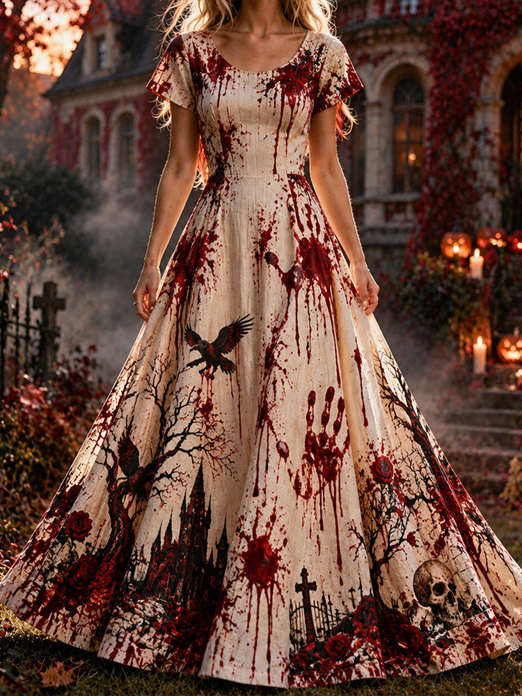 Women's Vintage Gothic Long Dress With Blood-drip Print For Halloween