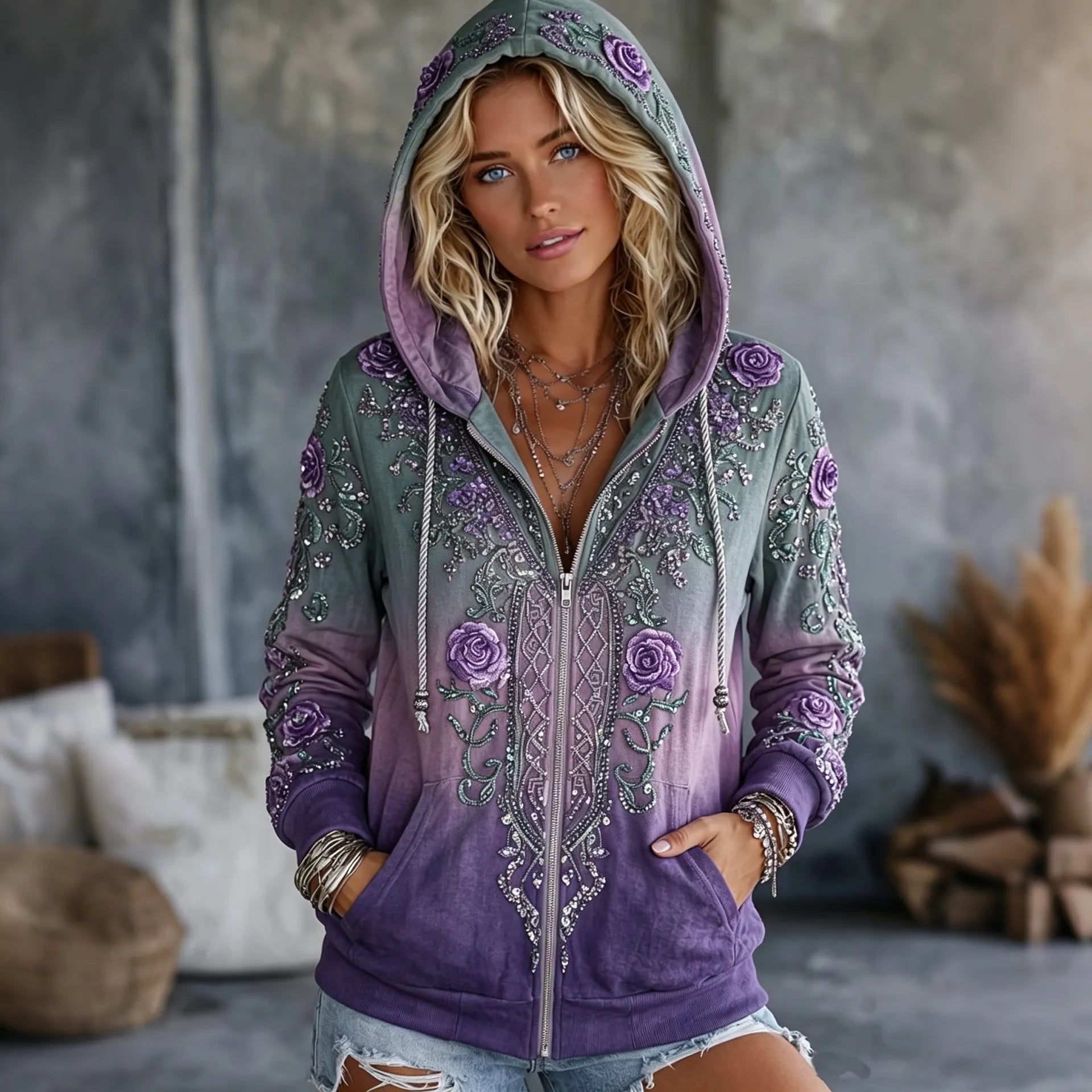 Women's Vintage Celtic Knot Floral Gradient Art Comfy Zipper Hoodie