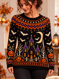 Women's Halloween Spooky Castle And Bats Knit Sweater