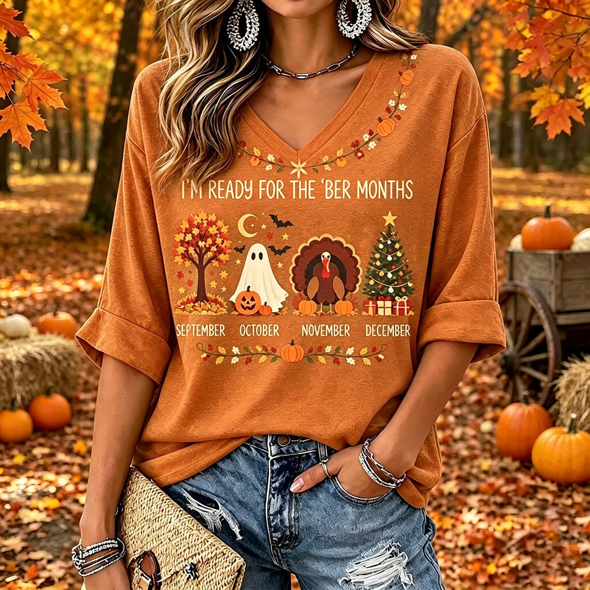 Women's Retro Autumn Casual V-neck T-shirt