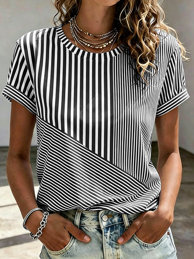 Women'S Pink Breast Cancer Awareness Propaganda Stripe Art Print Short Sleeve T-Shirt