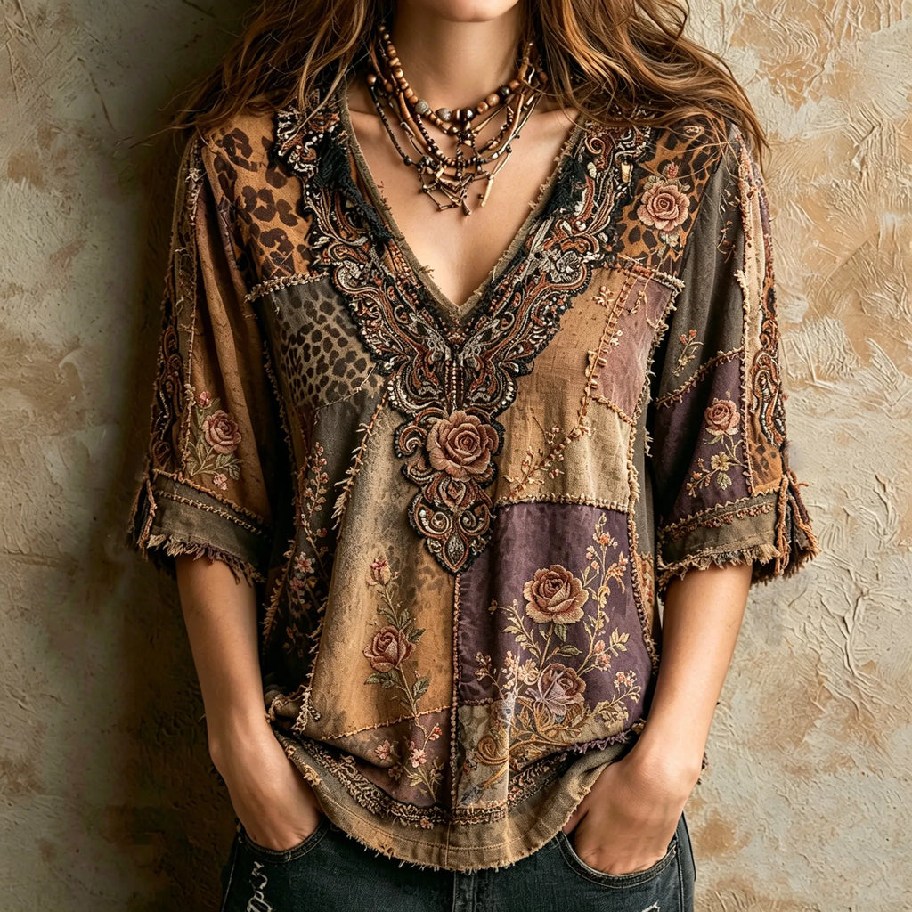 Women's Retro Hippie Western Style Leopard Print Patchwork Cotton Linen Top