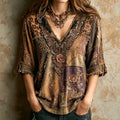 Women's Retro Hippie Western Style Leopard Print Patchwork Cotton Linen Top