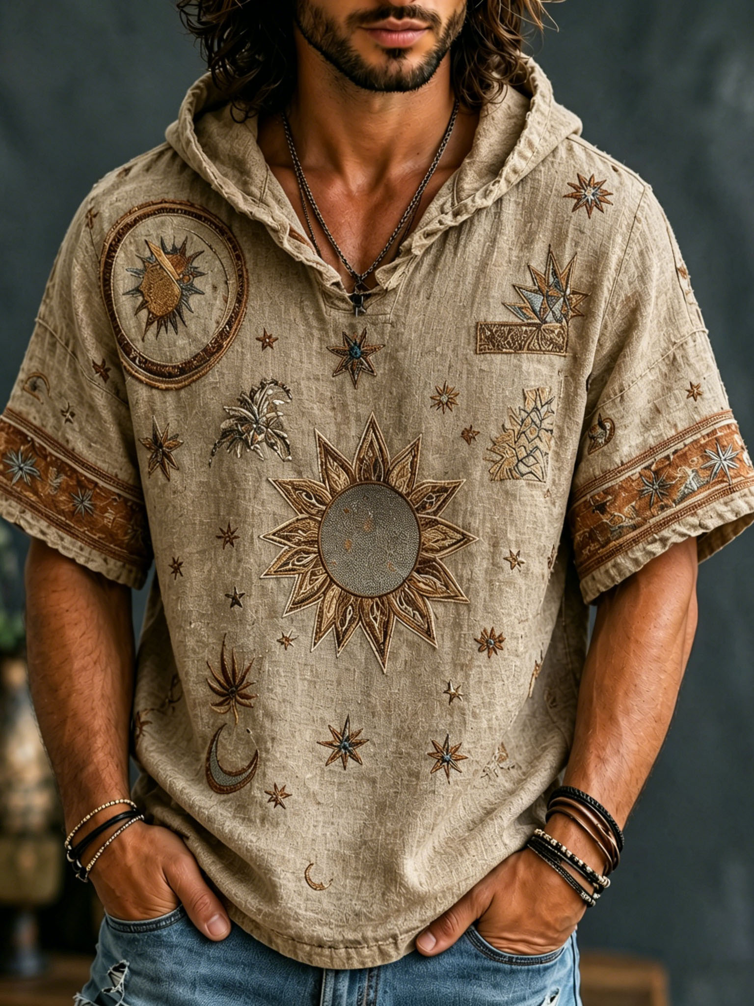 Men's Boho Hippie Art Sun And Moon Printed Casual Hooded T-shirt