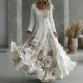 Women's Vintage Boho Floral Art Linen Flowy Maxi Dress