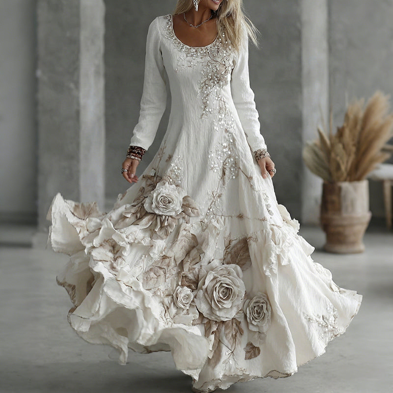 Women's Vintage Boho Floral Art Linen Flowy Maxi Dress