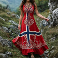 Women's Retro Color Block Cotton Linen Viking Ethnic Print Dress