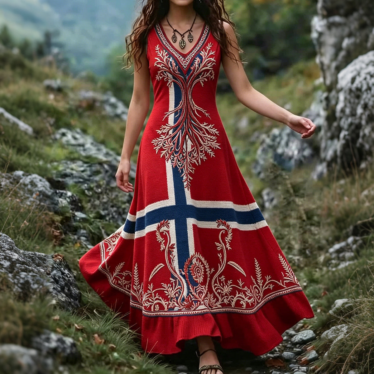 Women's Retro Color Block Cotton Linen Viking Ethnic Print Dress
