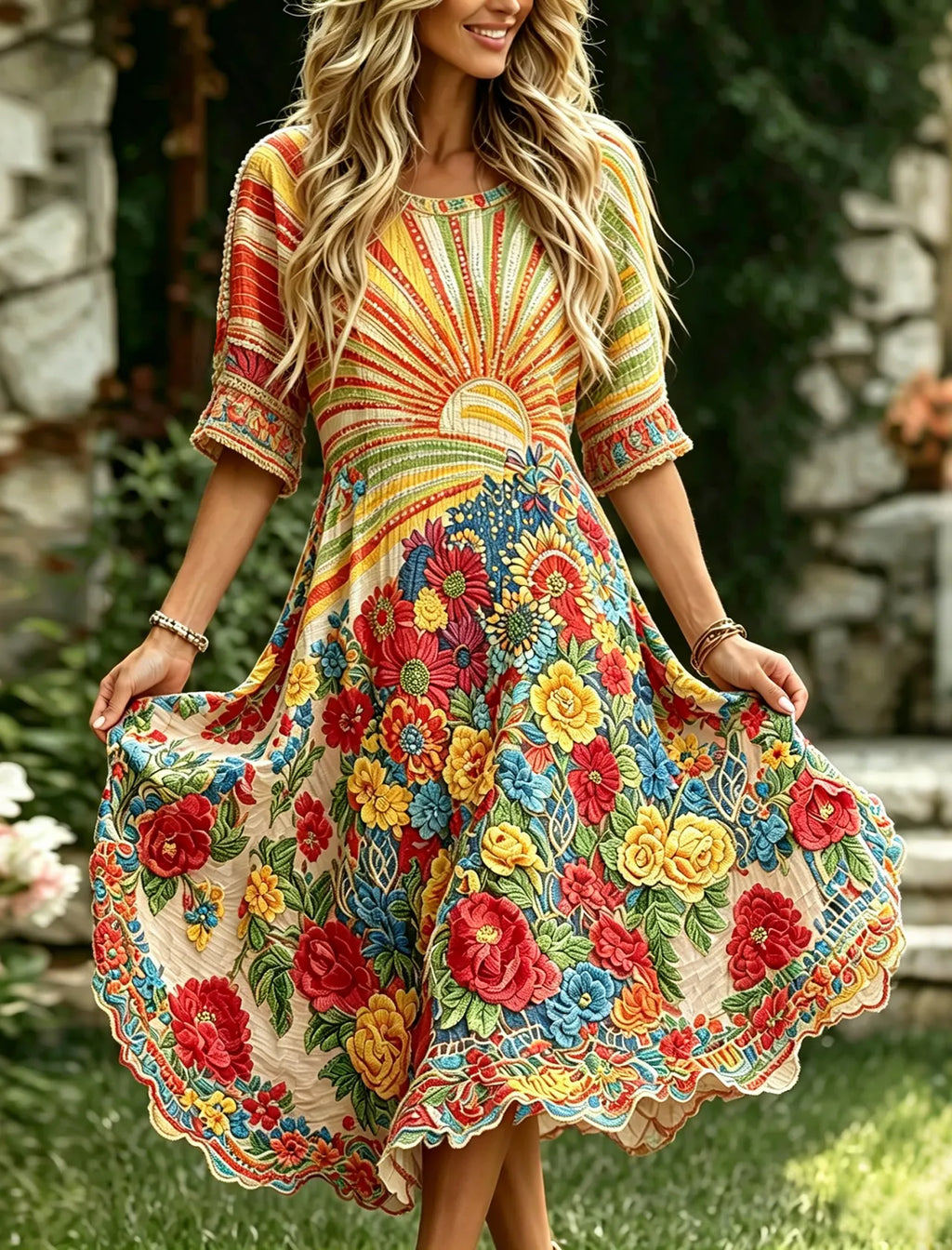 Women's Vintage Hippie Floral Art Print Round Neck Midi Dress