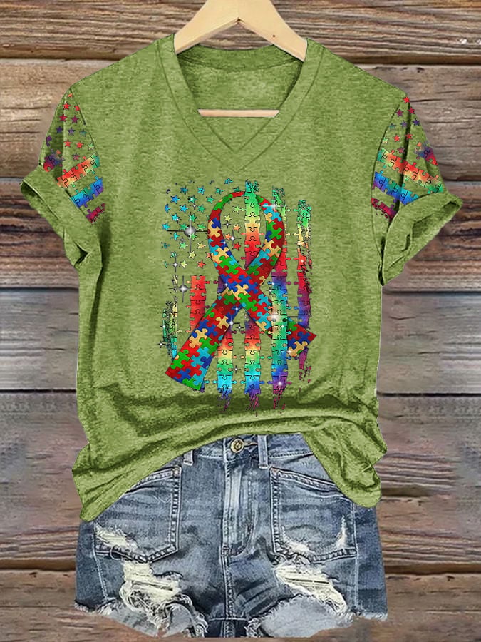 Women’s Retro Autism Awareness Colorful Puzzle Pieces Ribbon American Flag Print V-Neck T-Shirt