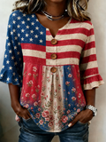 Women'S Retro American Flag Flower Art Printed Casual Top