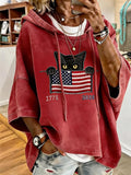 Women'S Cute Black Cat Independence Day Anniversary Pattern Oversized Hoodie