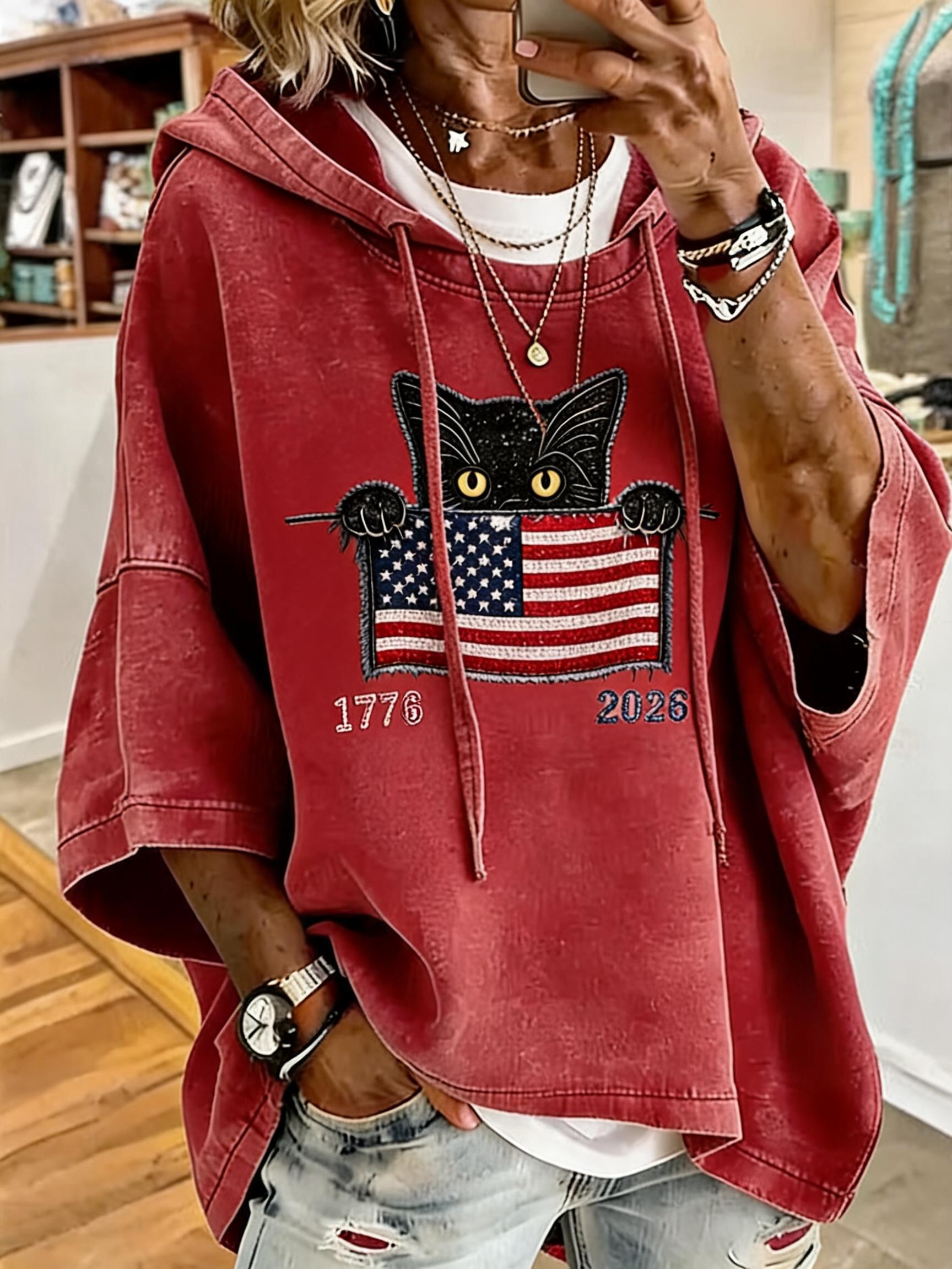 Women'S Cute Black Cat Independence Day Anniversary Pattern Oversized Hoodie