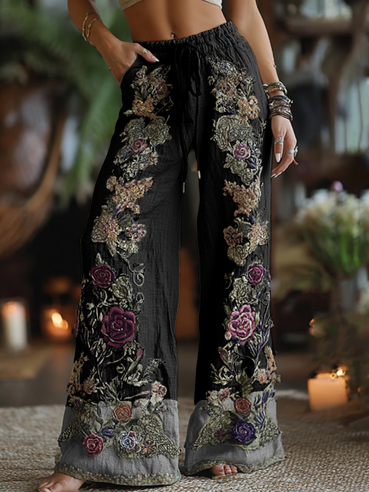Classy Purple Lavender And Floral Embroidered Art Linen Pants