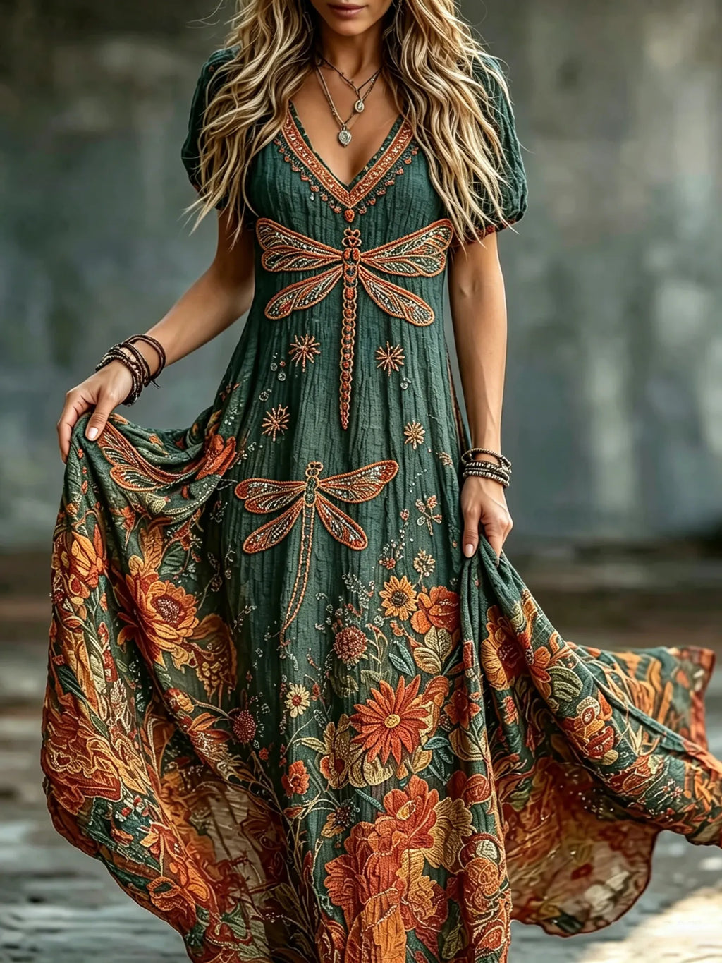 Women's Retro Hippie Floral And Dragonfly Pattern Art Embroidered Linen Blend Maxi Dress