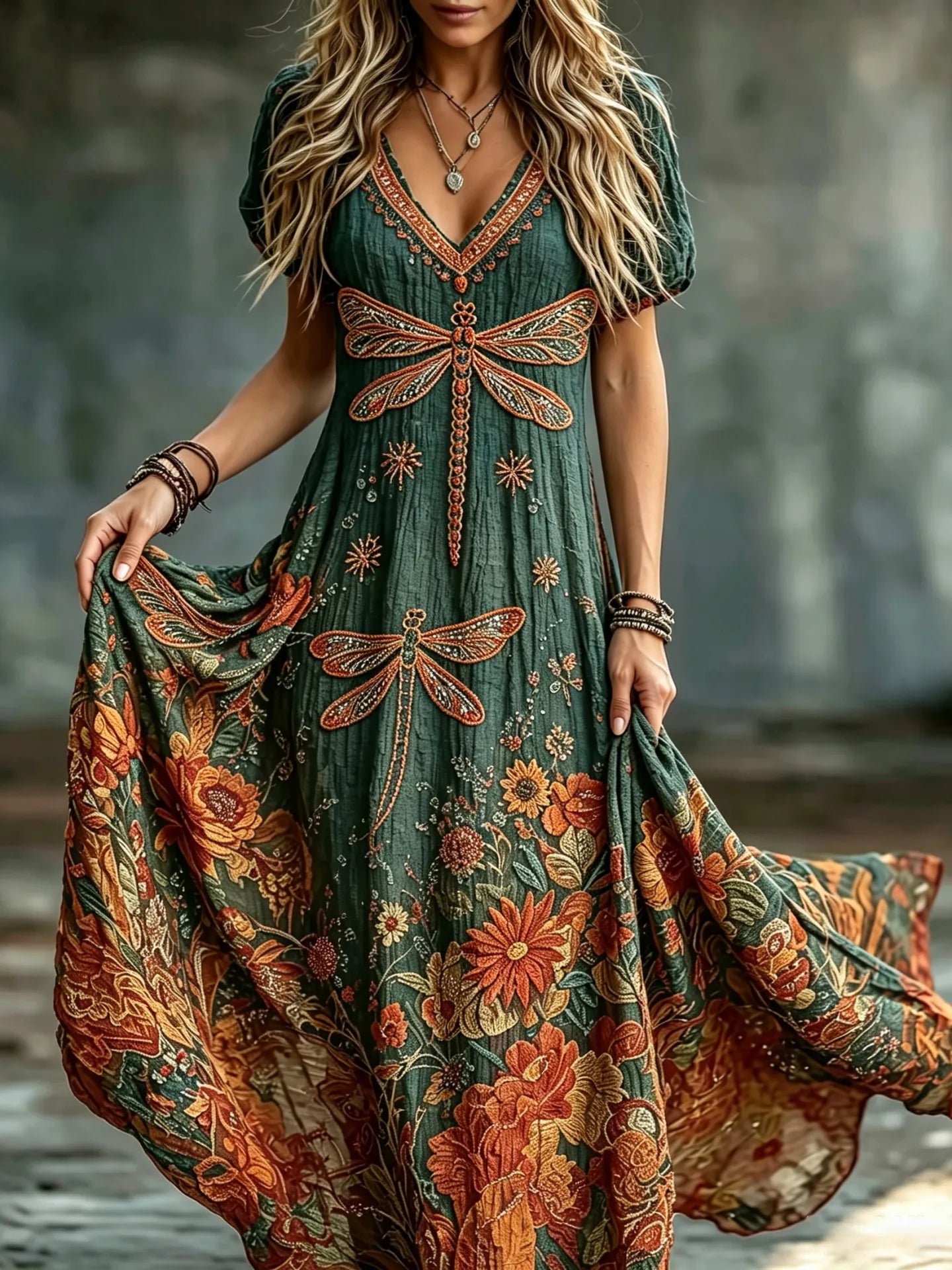 Women's Retro Hippie Floral And Dragonfly Pattern Art Embroidered Linen Blend Maxi Dress
