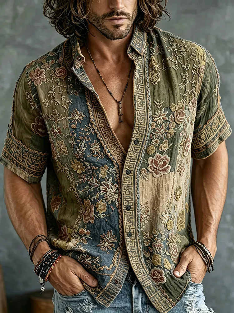 Men's Vintage Floral Patchwork Embroidered Art Print Flowy Linen Blend Casual Shirts