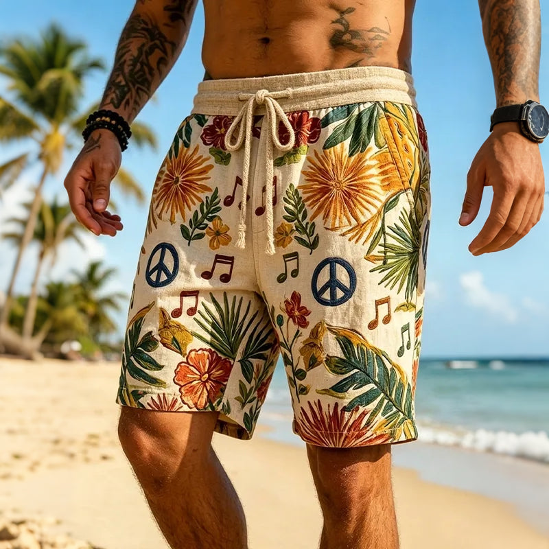 Men's Hippie Style Peace Symbol Musical Note Botanical Print Casual Shorts