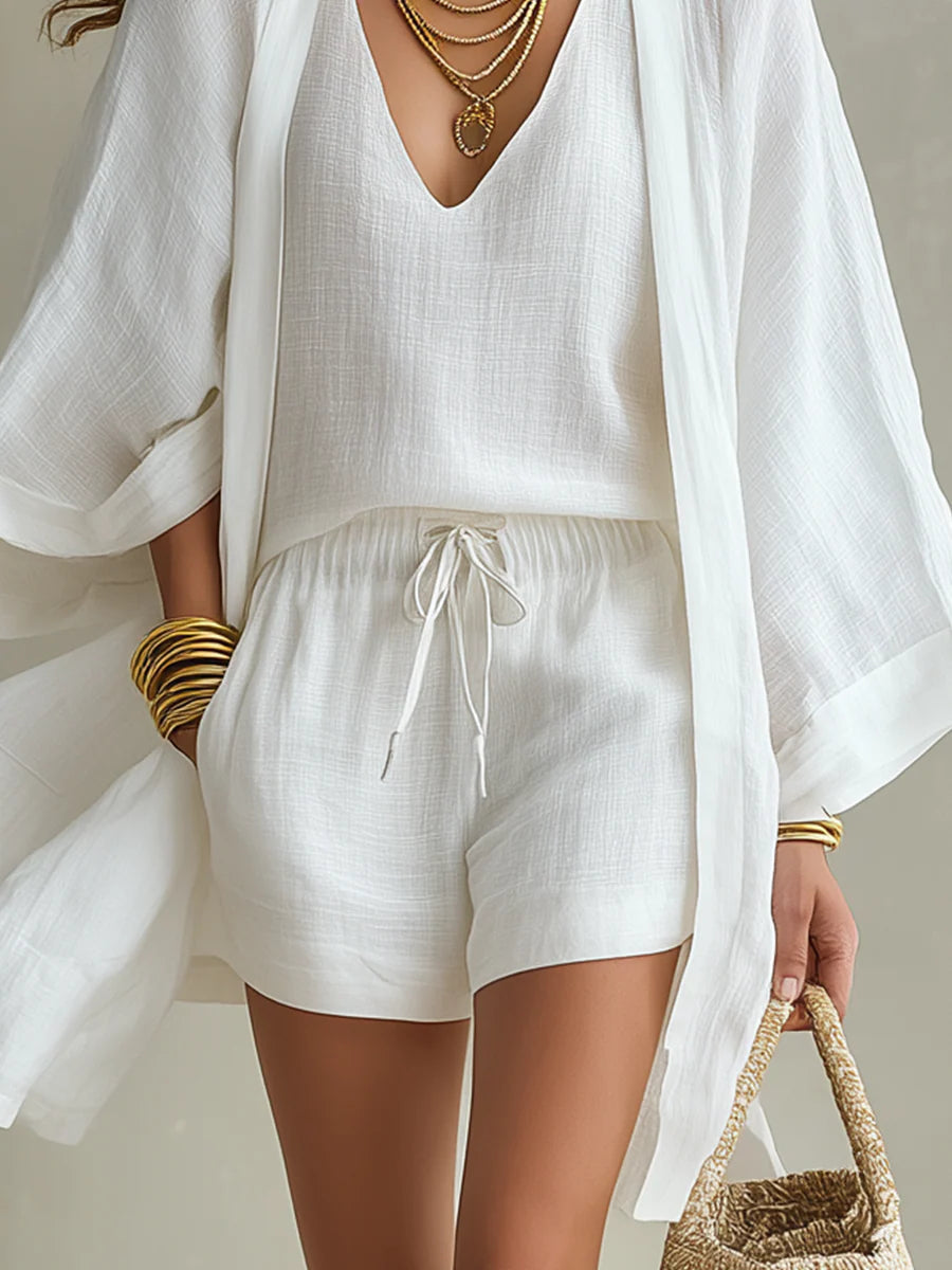 Loose Cardigan And Drawstring Shorts Three-piece Set