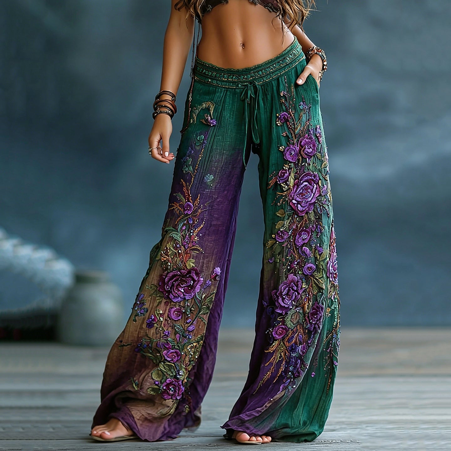 Women's Vintage Floral Art Embroidery Patchwork Cotton Linen Pants