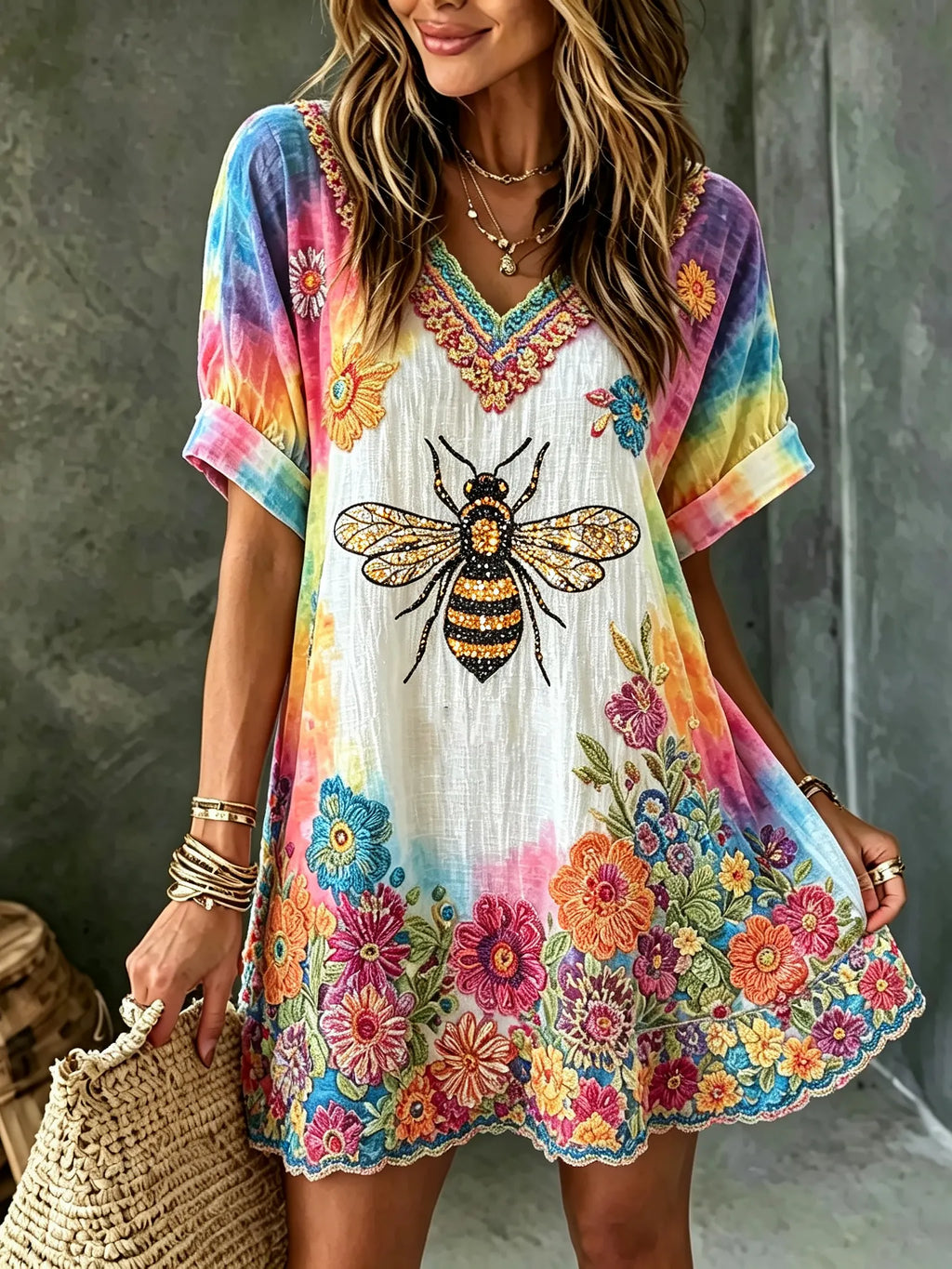 Women's Retro Hippie Floral Pattern V Neck Short Sleeve Linen Blend Midi Dress