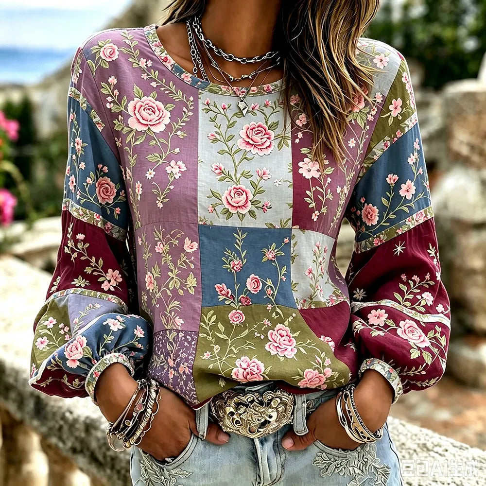 Women's Vintage Pink Floral Art Patchwork Linen Cotton Blend Crew Neck Long Sleeve Top