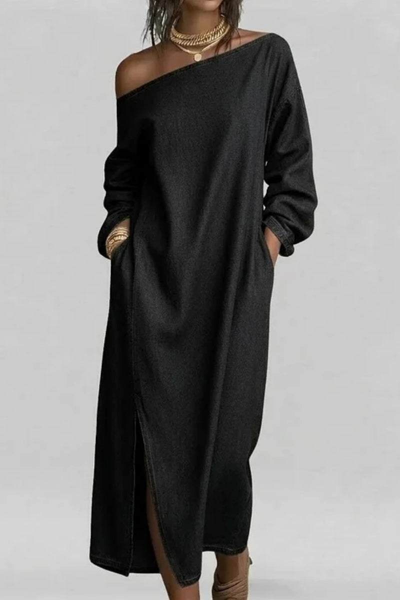 Women's Plain Pockets Oblique Collar Slit Loose Long Sleeve Maxi Dress
