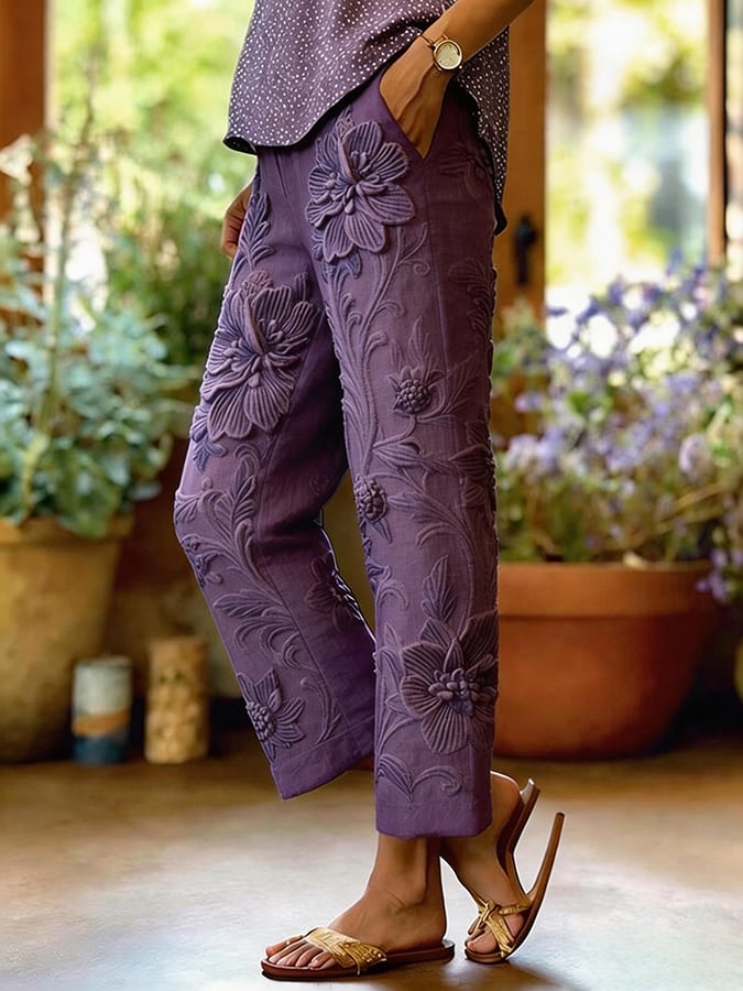 Women's Botanical Floral Design Loose Pocket Patchwork Casual Pants
